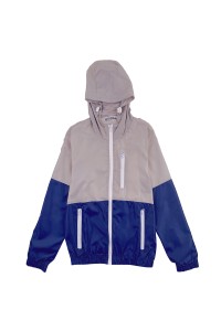 網上下單訂做戶外運動風褸外套  時尚設計連帽透氣防曬拉鏈袋口風褸外套  灰色撞藍色 風褸外套供應商 SKJ072